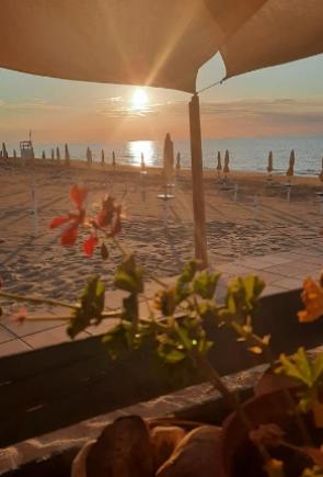 Tramonto sulla spiaggia con ombrelloni chiusi e fiori in primo piano.